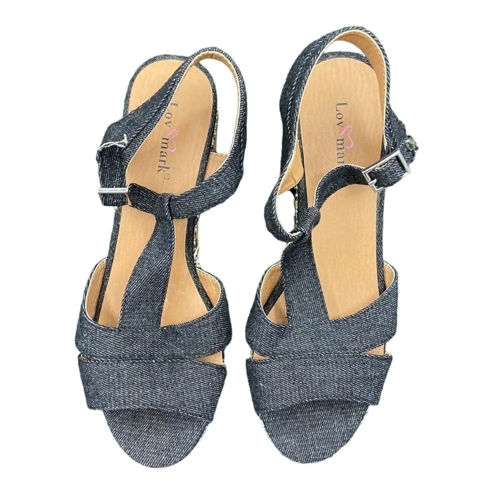 Lov Mark Denim Wicker Platform Sandals NWOT